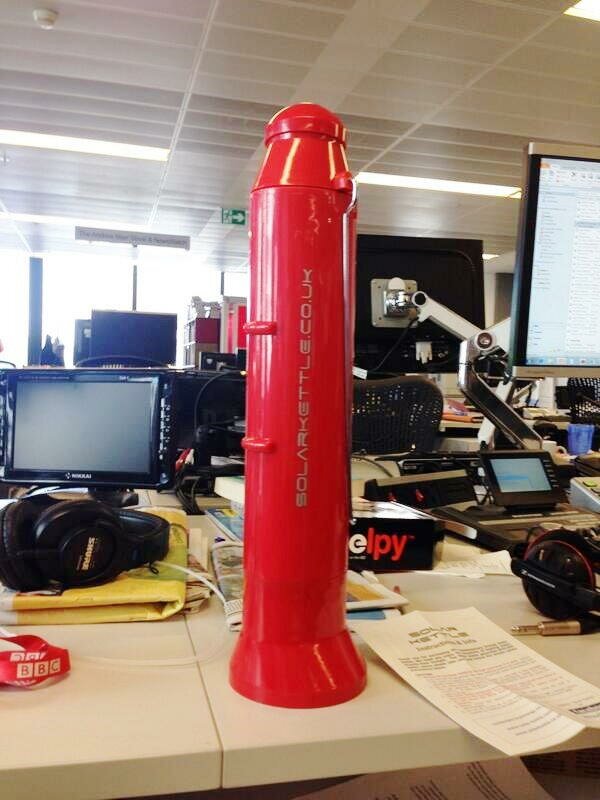 Red Solar kettle in BBC office on delivery
